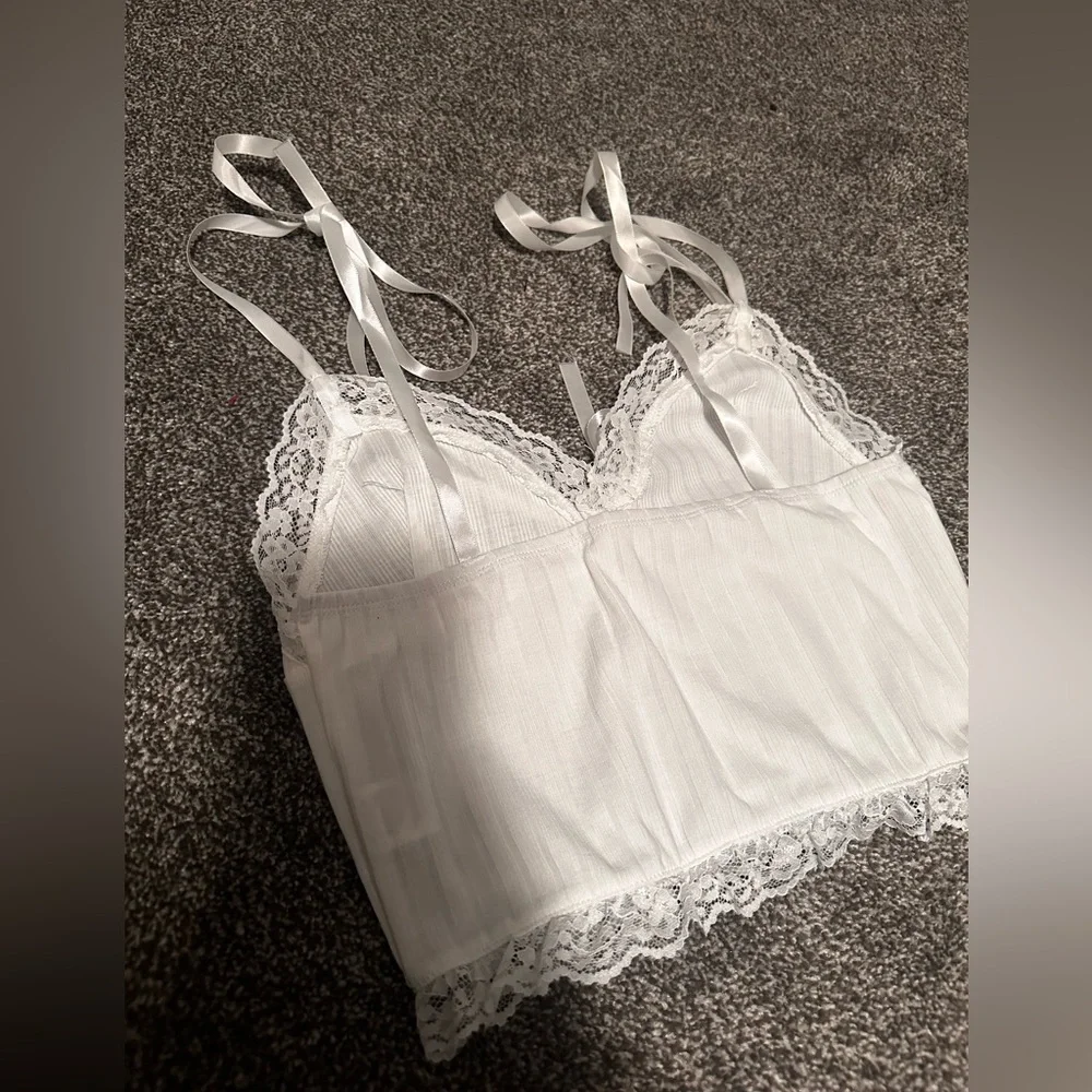 White Lace Baby Doll Ribbon Tie Crop Top Going Out Kawaii Lolita - Picture 4 of 4
